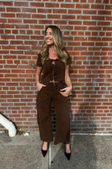 yellow stone brown tie blouse