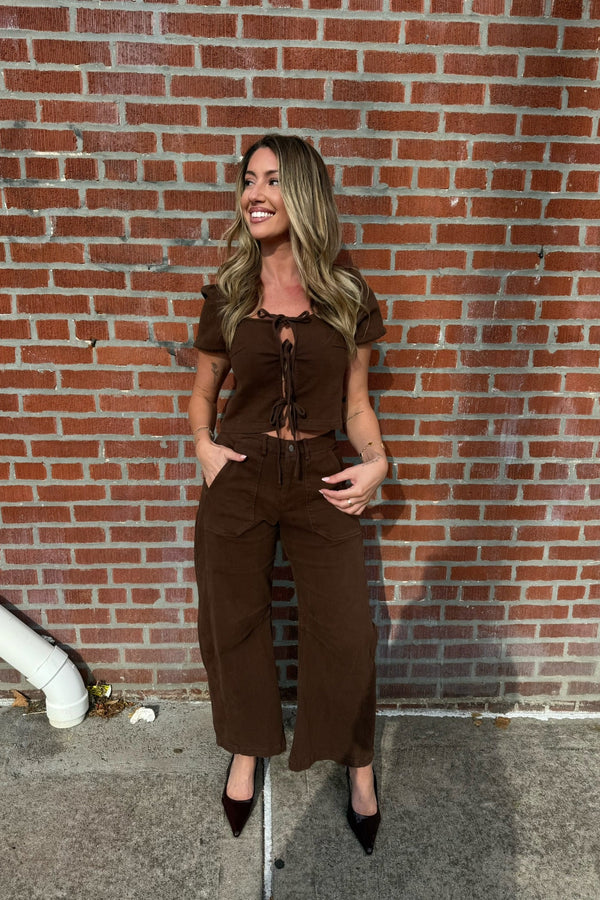 yellow stone brown tie blouse