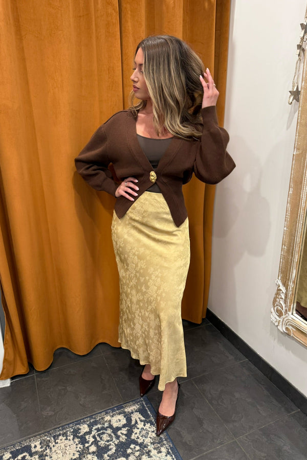 honey mustard satin midi skirt
