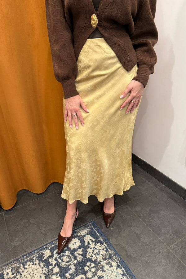 honey mustard satin midi skirt