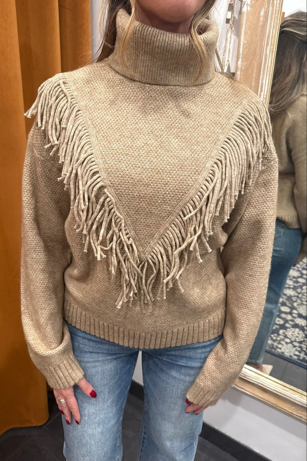 toasted almond fringe turtleneck sweater