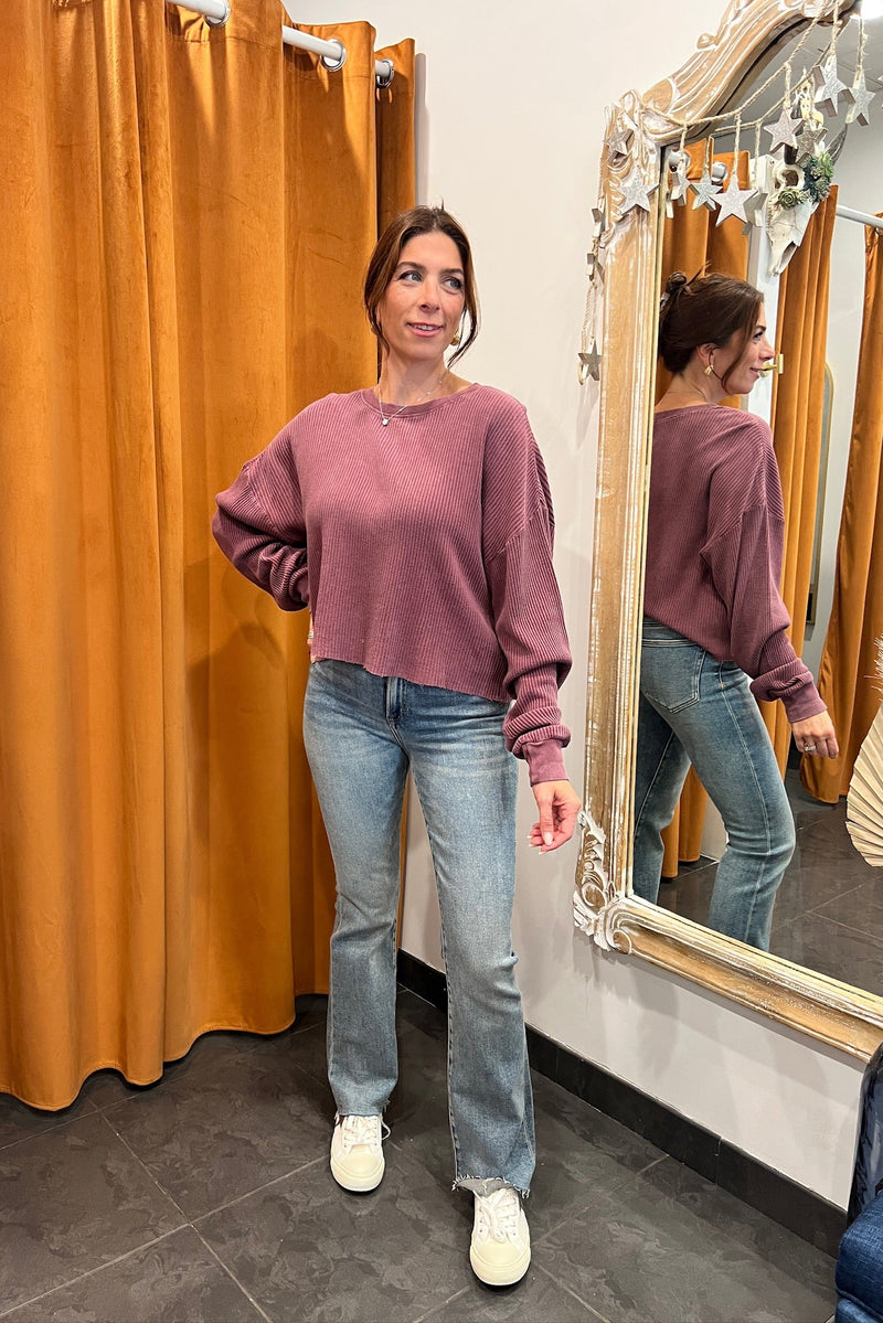 waffle knit long sleeve top - dark cherry