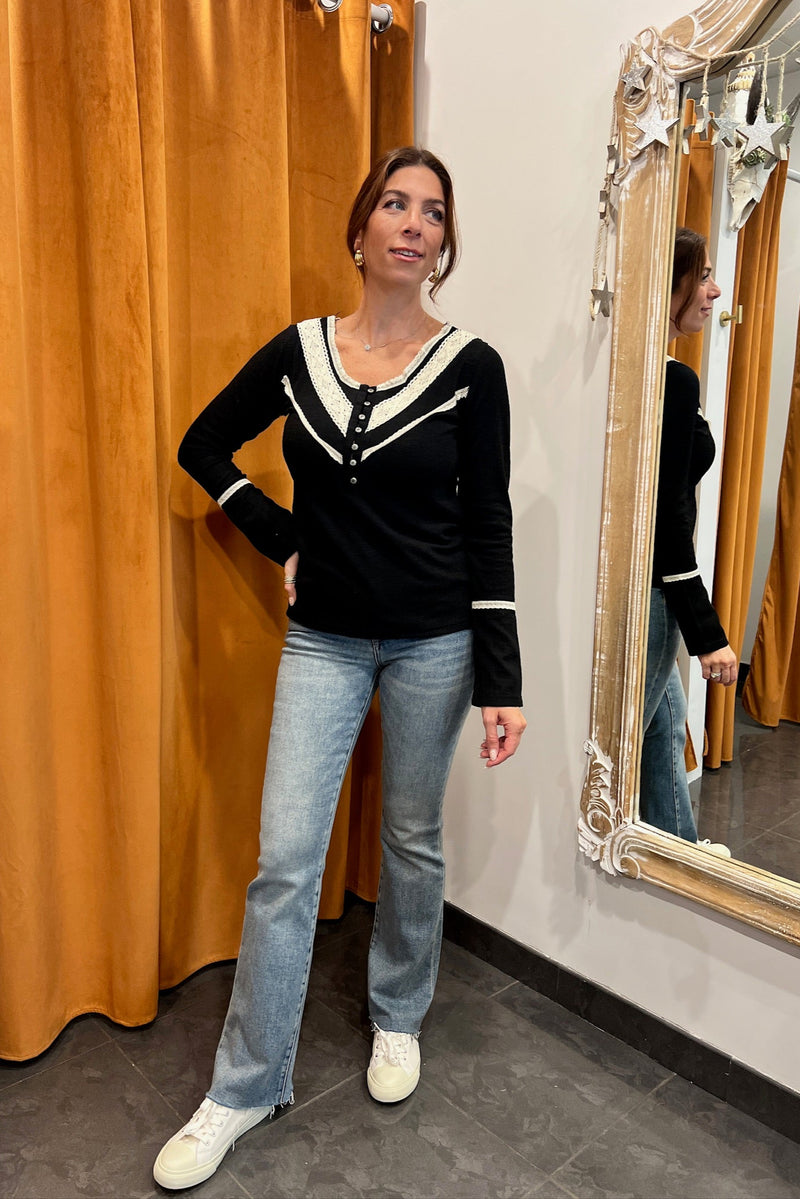up all night long sleeve ribbed top - black