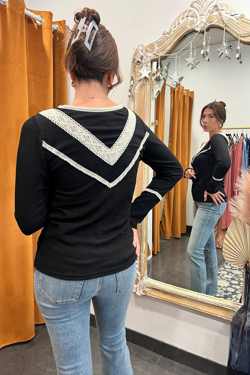 up all night long sleeve ribbed top - black