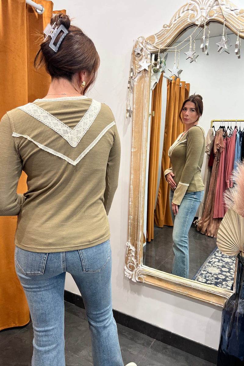 up all night long sleeve ribbed top - olive