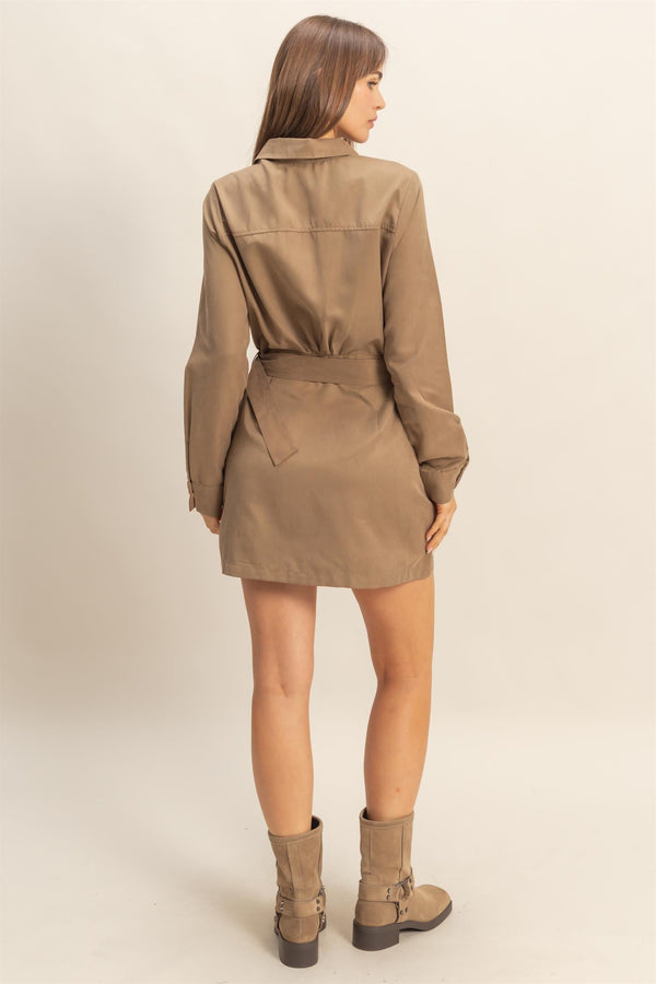 khaki chic belted shirt dress