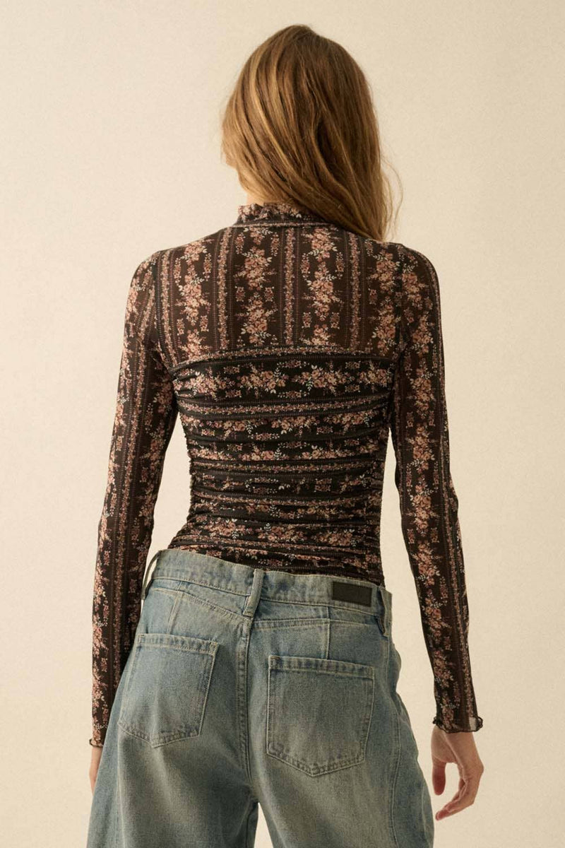 coachella mesh ruched mock-neck bodysuit