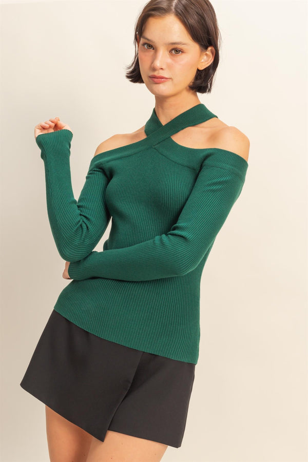crisscross off the shoulder top - green