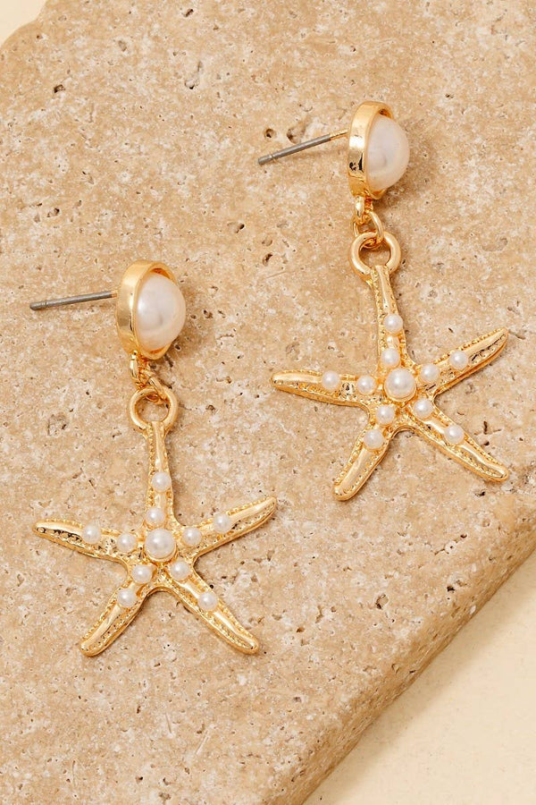 studded pearl starfish earrings - gold