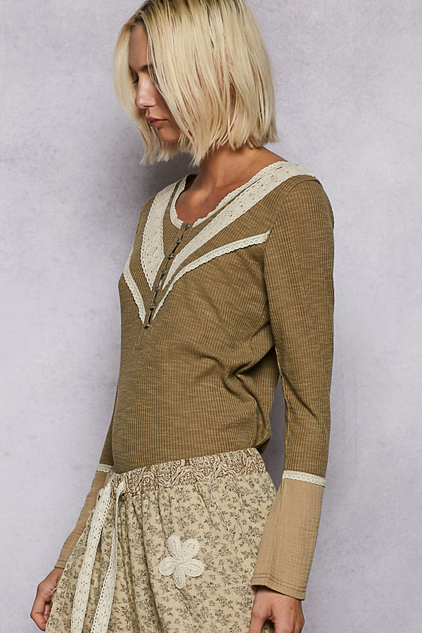 up all night long sleeve ribbed top - olive