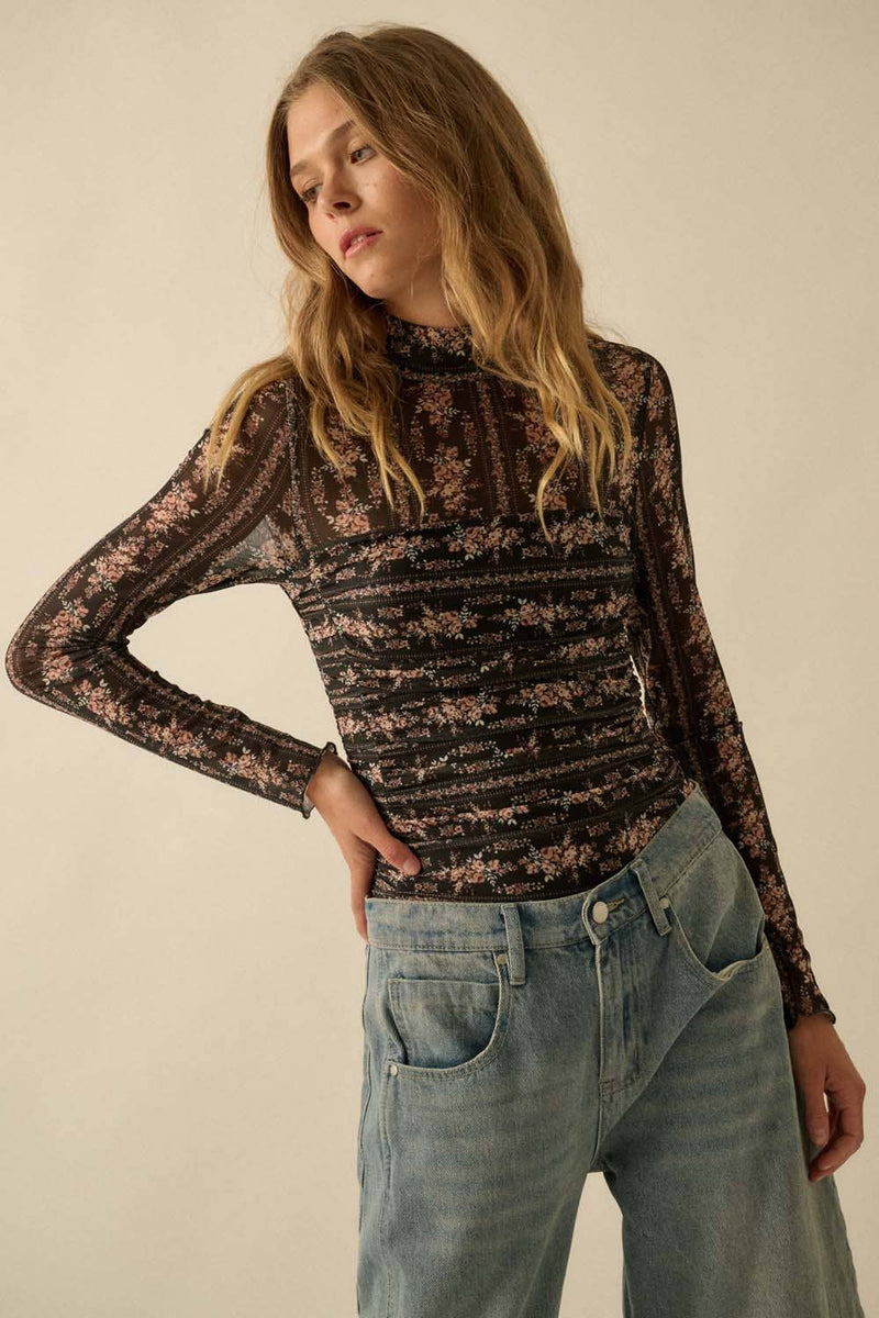 coachella mesh ruched mock-neck bodysuit