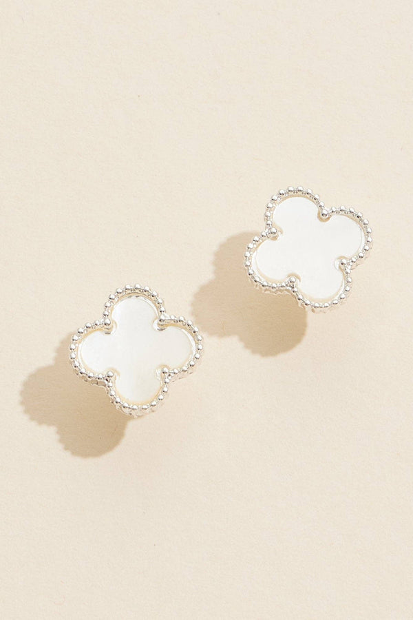 clover shape stud earring - white with sliver trim