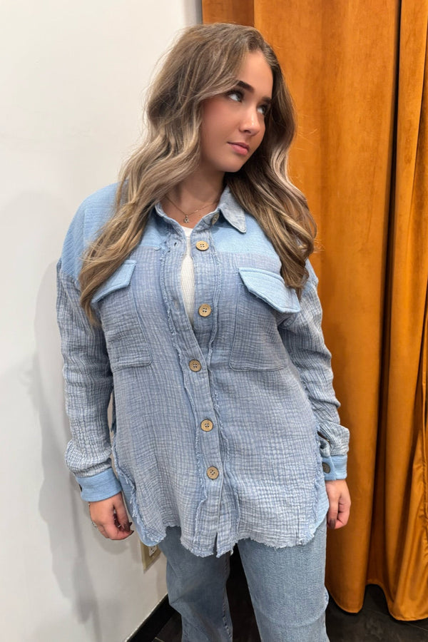 boyfriend mineral washed oversized gauze shacket