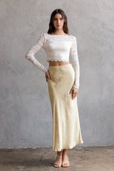 honey mustard satin midi skirt