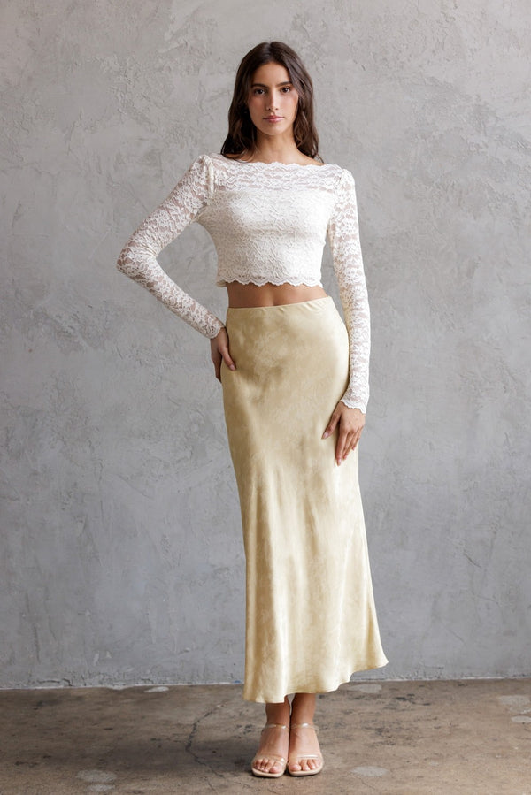 honey mustard satin midi skirt