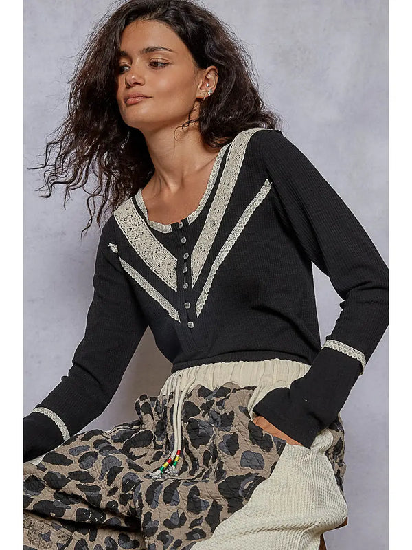 up all night long sleeve ribbed top - black