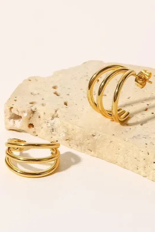 Gold Plated Three Hoop Earrings - Gold