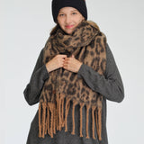 Woven Leopard Pattern Print with Fringe Scarf: Brown
