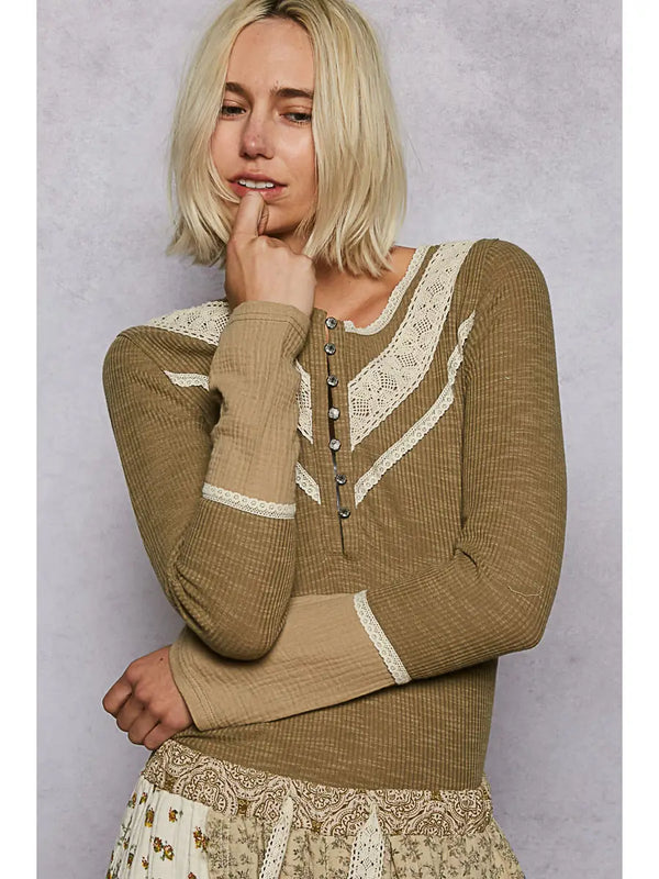 up all night long sleeve ribbed top - olive