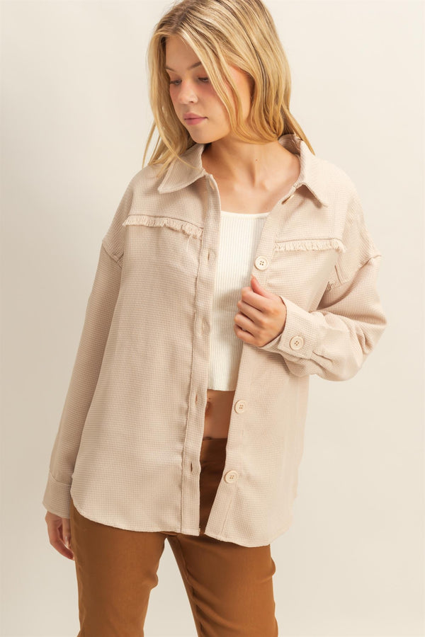route 66 frayed detail shacket- beige
