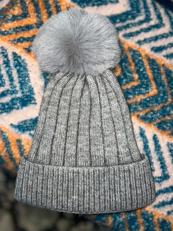 grey knit pom pom beanie